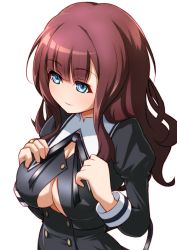 Rule 34 | 1girl, assault lily, black ribbon, black skirt, blue eyes, blunt bangs, breasts, brown hair, buttons, cleavage, closed mouth, commentary request, cropped jacket, hands on own chest, hands up, high-waist skirt, highres, hiraken, jewelry, juliet sleeves, kaede johan nouvel, large breasts, long hair, long sleeves, looking away, neck ribbon, no bra, no nose, puffy sleeves, ribbon, ring, school uniform, sidelocks, simple background, skirt, smile, solo, upper body, wavy hair, white background, yurigaoka girls academy school uniform