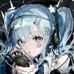 Rule 34 | 1girl, :o, blue eyes, blue hair, cloud hair ornament, collar, commentary, dated commentary, hair ornament, hatsune miku, headphones, highres, holding, holding microphone, long hair, looking at viewer, microphone, miku day, music, number tattoo, sankichi (croquette crab), singing, sketch, solo, spiked collar, spikes, star (symbol), star hair ornament, tattoo, twintails, vocaloid