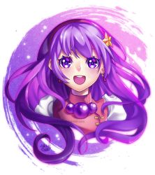 Rule 34 | 1girl, :d, character request, earrings, floating hair, hair ornament, hairband, jewelry, long hair, looking at viewer, open mouth, portrait, purple eyes, purple hair, purple hairband, signature, smile, solo, star (symbol), star hair ornament, tabby chan, teeth, upper teeth only, very long hair, watermark