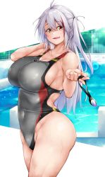 Rule 34 | 1girl, antenna hair, azur lane, black one-piece swimsuit, breasts, chain-link fence, competition swimsuit, covered navel, cowboy shot, cross, day, fatal frame, fence, forest, goggles around arm, grey hair, grey one-piece swimsuit, hair between eyes, highleg, highres, iron cross, large breasts, licking lips, long hair, multicolored hair, nature, one-piece swimsuit, orange eyes, oriue wato, outdoors, pool, poolside, prinz eugen (azur lane), red one-piece swimsuit, solo, streaked hair, swimsuit, tongue, tongue out, tree, two side up, water, wet, wet clothes, wet swimsuit
