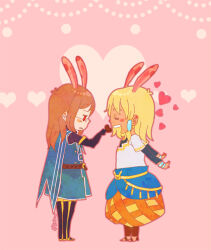 Rule 34 | 2boys, animal ears, baggy pants, black footwear, black gloves, blonde hair, blue cape, blue coat, boots, brown hair, candy, cape, chibi, chocolate, chocolate heart, coat, elbow gloves, feeding, food, glasses, gloves, heart, jade curtiss, kanon (rsl), layered sleeves, long hair, long sleeves, male focus, multiple boys, orange pants, pants, peony ix, pink background, rabbit ears, red eyes, shirt, short over long sleeves, short sleeves, tales of (series), tales of the abyss, white shirt