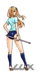 Rule 34 | 1girl, alternate costume, ass, bad id, bad pixiv id, blonde hair, blue eyes, buruma, from behind, hairband, kneehighs, league of legends, long hair, looking back, lux (league of legends), shirt, socks, solo, ssalsin, t-shirt, tiptoes, wand