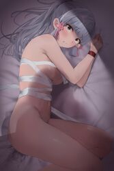 Rule 34 | 1girl, ayaka (genshin impact), bandages, blue eyes, blunt bangs, blush, bound, bound wrists, breasts, clenched teeth, commentary request, crying, crying with eyes open, facing viewer, female focus, from above, genshin impact, grey hair, hair ornament, hands up, highres, hototogisu (7kanu 7ra), long hair, looking at viewer, looking to the side, lying, medium breasts, naked bandage, navel, on bed, on side, paid reward available, parted lips, ponytail, solo, stained sheets, tears, teeth