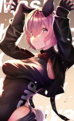 Rule 34 | 1girl, animal ears, armpits, arms up, text background, black gloves, black hairband, black leotard, blush, bow, bowtie, breasts, brown background, brown bow, brown bowtie, closed mouth, covered navel, fake animal ears, fake tail, fate/grand order, fate (series), gloves, gradient background, hair between eyes, hairband, hanahashi bagara, highres, large breasts, leotard, long sleeves, looking at viewer, mash kyrielight, pink hair, purple eyes, rabbit ears, rabbit pose, rabbit tail, short hair, solo, tail, upper body, yellow background