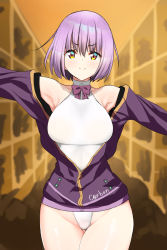 Rule 34 | &gt;:), 10s, 1girl, armpits, artist name, bare shoulders, bow, bowtie, breasts, c@rbon, competition swimsuit, cowboy shot, gridman universe, highleg, highleg swimsuit, indoors, jacket, large breasts, light purple hair, long sleeves, looking at viewer, off shoulder, one-piece swimsuit, outstretched arms, purple bow, purple jacket, shinjou akane, smile, solo, ssss.gridman, swimsuit, swimsuit under clothes, trash bag, turtleneck, unzipped, white one-piece swimsuit, yellow eyes, zipper pull tab
