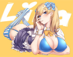 Rule 34 | 1girl, apron, ass, bikini, black skirt, blonde hair, blue bikini, blue eyes, blush, borrowed character, bow, bowtie, breasts, character name, cleavage, commentary request, crossed ankles, feet up, fingering, frilled skirt, frills, garter straps, gingami (giluziru), hair bow, hair ornament, hairclip, head tilt, heart, heart o-ring, large breasts, lina (michihasu), long hair, looking at viewer, lying, on stomach, orange background, orange bow, orange neckwear, original, parted lips, puffy short sleeves, puffy sleeves, short sleeves, skirt, striped bow, striped clothes, striped thighhighs, swimsuit, text background, thighhighs, thong bikini, two-tone background, upskirt, vertical-striped clothes, vertical-striped thighhighs, waist apron, white apron, wrist cuffs