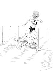 Rule 34 | 1girl, bad id, bad twitter id, commentary, dog, double vertical stripe, frown, girls und panzer, greyscale, highres, looking at another, monochrome, motion blur, motion lines, name tag, nishizumi maho, open mouth, pole, running, shiba inu, shirt, shoes, short hair, short shorts, short sleeves, shorts, solo, standing, t-shirt, translated, v-shaped eyebrows, yawaraka black