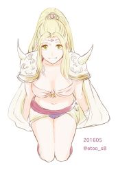 Rule 34 | 1girl, armor, blonde hair, breasts, cape, final fantasy, final fantasy iv, green eyes, highres, long hair, looking at viewer, ponytail, rosa farrell, shoulder armor, simple background, smile, solo, white background