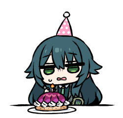 Rule 34 | cake, candle, chan co, checkered clothes, checkered coat, checkered jacket, chibi, coat, commentary, disgust, food, gakuen idolmaster, green eyes, green hair, green shirt, grey coat, hair flaps, hat, idolmaster, jacket, party hat, plaid, plaid coat, shirt, simple background, symbol-only commentary, tsukimura temari, white background