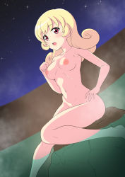 Rule 34 | 1girl, :o, amikaasan, armpits, blonde hair, breasts, commentary request, completely nude, curly hair, gasp, hand on own hip, hinata yume, long hair, looking at viewer, medium breasts, mewkledreamy, navel, night, night sky, nipples, nude, on rock, onsen, open mouth, partially submerged, pink eyes, rock, round teeth, shadow, sitting, sitting on rock, sky, soaking feet, solo, star (sky), star (symbol), star in eye, starry sky, steam, stomach, symbol in eye, teeth, upper teeth only, water