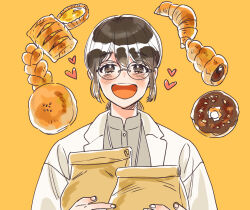 Rule 34 | 1girl, algedi000, bag, blush, bread, brown eyes, brown hair, chocolate cornet, commentary request, croissant, doughnut, eoduun badaui deungbul-i doeeo, food, glasses, heart, highres, holding, holding bag, korean commentary, lab coat, looking at viewer, open mouth, orange background, paper bag, short hair, simple background, smile, solo, upper body, yu geum-i