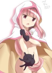 Rule 34 | 1girl, bad id, bad pixiv id, black gloves, blunt bangs, blush, cloak, covering privates, covering breasts, gloves, hair censor, highres, hood, hood up, hooded cloak, jin x103, long hair, looking at viewer, magia record: mahou shoujo madoka magica gaiden, magical girl, mahou shoujo madoka magica, naked cloak, navel, nose blush, open mouth, pink eyes, pink hair, pussy, pussy peek, solo, tamaki iroha, tears, very long hair