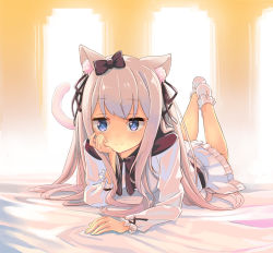 Rule 34 | 1girl, animal ears, backlighting, bed, blue eyes, cat ears, cat girl, cat tail, column, dress, hand on own chin, head rest, legs up, long hair, long sleeves, looking at viewer, lying, mashiro yuyu, on stomach, pillar, puffy long sleeves, puffy sleeves, ru roiroiro, socks, solo, tail, the pose, virtual youtuber, wactor production, white dress, white hair, white socks