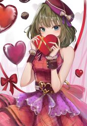 Rule 34 | 1girl, balloon, bare shoulders, blue eyes, bow, box, box of chocolates, breasts, dress, frilled dress, frills, green eyes, green hair, heart-shaped box, heart balloon, heterochromia, highres, idolmaster, idolmaster cinderella girls, idolmaster cinderella girls starlight stage, looking at viewer, medium breasts, mole, mole under eye, nyome991, red bow, red dress, red headwear, red ribbon, ribbon, short hair, solo, takagaki kaede, valentine, wrist cuffs