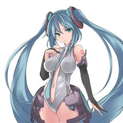 Rule 34 | 1girl, aqua hair, bad id, bad pixiv id, breasts, bridal gauntlets, faefaea, green eyes, hatsune miku, hatsune miku (append), impossible clothes, large breasts, leotard, long hair, navel, necktie, solo, twintails, very long hair, vocaloid, vocaloid append, white background