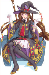 Rule 34 | 1girl, animal ears, belt, black footwear, black hat, black robe, boots, brown hair, commentary request, couch, flat chest, fukami (trash sp), full body, hat, holding, holding wand, horse ears, long hair, long sleeves, looking at viewer, on couch, open mouth, pleated skirt, purple eyes, robe, simple background, sitting, skirt, smile, solo, sweep tosho (umamusume), twintails, umamusume, very long hair, wand, white background, white skirt, witch hat