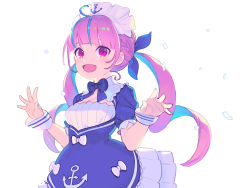 Rule 34 | 1girl, :d, anchor, anchor symbol, blue dress, blue hair, blue nails, blue ribbon, blush, bow, braid, breasts, cleavage, colored inner hair, commentary request, dress, enkyo yuuichirou, eyebrows hidden by hair, fingernails, hair ribbon, highres, hololive, long hair, maid headdress, minato aqua, minato aqua (1st costume), multicolored hair, nail polish, open mouth, pink hair, puffy short sleeves, puffy sleeves, red eyes, ribbon, short sleeves, sidelocks, simple background, small breasts, smile, solo, streaked hair, twintails, two-tone hair, very long hair, virtual youtuber, white background, white bow, wrist cuffs