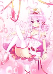 Rule 34 | 1girl, :o, animal ears, bare shoulders, blush, bow, breasts, cat ears, cleavage, commentary request, crown, cup, dress, drinking glass, frilled dress, frills, gradient background, hair between eyes, hair bow, heart, high heels, in container, in cup, leg up, long hair, medium breasts, mini crown, open mouth, original, pink background, pink bow, pink footwear, pink hair, purple eyes, red bow, red ribbon, ribbon, shikito (yawa0w0), shoe soles, shoes, sleeveless, sleeveless dress, solo, thighhighs, water drop, white background, white dress, white thighhighs, wrist cuffs