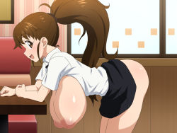 Rule 34 | 1girl, :d, against table, ass, bent over, black ribbon, breasts, breasts out, brown eyes, brown hair, clothes lift, hanging breasts, highres, huge breasts, indoors, inverted nipples, long hair, open mouth, oppai loli, ponytail, presenting, puffy nipples, restaurant, ribbon, shirt, skirt, skirt lift, smile, solo, taneshima popura, tedain, very long hair, waitress, white shirt, working!!