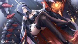 Rule 34 | 1girl, absurdres, ainrichman, ass, august von parseval (azur lane), azur lane, bare shoulders, black footwear, black thighhighs, clothing cutout, cross, crossed legs, curled horns, detached sleeves, dress, dutch angle, full body, gloves, hair over one eye, high heels, highres, horns, iron cross, light smile, long hair, looking at viewer, robot dragon, mechanical horns, microdress, non-humanoid robot, purple eyes, purple hair, robot, robot animal, shoe dangle, shoes, sitting, solo, thighhighs, thighs, throne, underboob cutout, very long hair, white gloves