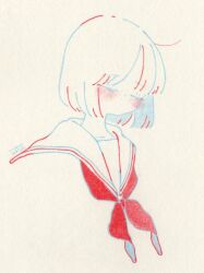 Rule 34 | 1girl, ahoge, blush, bob cut, closed eyes, commentary, highres, limited palette, neckerchief, no mouth, original, paper texture, parted bangs, portrait, red neckerchief, sailor collar, school uniform, serafuku, short hair, signature, simple background, solo, symbol-only commentary, traditional media, watari (nijimukiokuiro), white background