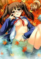 Rule 34 | 1girl, adjusting eyewear, autumn, autumn leaves, bottomless, breasts, brown eyes, brown hair, censored, chipmunk, convenient censoring, glasses, groin, highres, leaf, lying, medium breasts, nipples, no bra, open clothes, original, see-through, socks, solo, squirrel, tomose shunsaku, twintails, underboob, wet