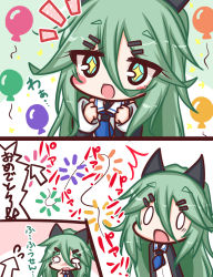 Rule 34 | + +, 0 0, 1girl, :d, ^^^, arrow (symbol), balloon, black ribbon, black shirt, blue eyes, blue neckerchief, blush stickers, clenched hand, comic, commentary request, cursor, fireworks, flying sweatdrops, green hair, hair between eyes, hair ornament, hair ribbon, hairclip, hands up, kantai collection, komakoma (magicaltale), long hair, long sleeves, neckerchief, notice lines, open mouth, ponytail, ribbon, shirt, sleeves past wrists, smile, surprised, tears, translation request, very long hair, yamakaze (kancolle)