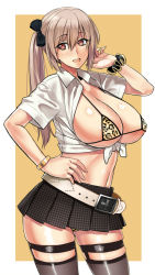 Rule 34 | 1girl, amesuku gyaru, animal print, arms up, belt, belt buckle, bikini, bikini top only, black thighhighs, blush, bow, bracelet, breasts, breasts out, brown background, brown hair, buckle, collared shirt, cowboy shot, eyelashes, female focus, front-tie top, gyaru, hair bow, hair ornament, hand on own hip, heart, heart-shaped pupils, huge breasts, jewelry, kogal, large breasts, leopard print, long hair, micro bikini, miniskirt, navel, open clothes, open mouth, open shirt, original, outside border, panties, pantyshot, pleated skirt, ponytail, red eyes, scrunchie, shirt, short sleeves, side ponytail, skindentation, skirt, solo, standing, swimsuit, swimsuit under clothes, symbol-shaped pupils, takamura wamu, thighhighs, two-tone background, underwear, white background, wrist scrunchie