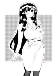 Rule 34 | 1girl, bare arms, bare shoulders, blush, breasts, cleavage, closed mouth, dress, greyscale, highres, large breasts, long hair, looking at viewer, monochrome, original, pantyhose, pencil dress, ryusei hashida, signature, smile, solo