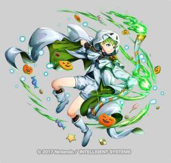 1boy bow_(weapon) copyright_notice fire_emblem fire_emblem_heroes full_body ghost_costume green_hair grey_background holding holding_bow_(weapon) holding_weapon male_focus mikurou_(nayuta) nintendo official_art pumpkin rolf_(fire_emblem) rolf_(halloween)_(fire_emblem) simple_background solo weapon white_footwear