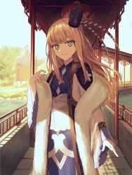 Rule 34 | 1girl, architecture, blonde hair, bridge, east asian architecture, fate/grand order, fate (series), fur scarf, green eyes, hat, hat feather, highres, long hair, reines el-melloi archisorte, reines el-melloi archisorte (third ascension), sunlight, tamitami