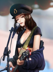 Rule 34 | 1girl, absurdres, bass guitar, black bra, black hat, blurry, blurry background, bra, breasts, brown hair, commentary request, copyright request, depth of field, hat, highres, holding, holding instrument, hood, hoodie, instrument, jungon kim, lipstick, long sleeves, looking at viewer, makeup, microphone, music, off shoulder, parted lips, peaked cap, playing instrument, red eyes, red lips, singing, small breasts, smile, solo, standing, underwear