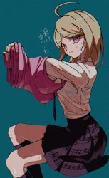 Rule 34 | 1girl, ahoge, akamatsu kaede, black socks, blonde hair, breasts, commentary, danganronpa (series), danganronpa v3: killing harmony, feet out of frame, fortissimo, from side, green background, hair ornament, highres, invisible chair, kneehighs, long hair, long sleeves, looking at viewer, musical note, musical note hair ornament, musical note print, nzeneee, pink sweater vest, pink vest, pleated skirt, purple skirt, shirt, sitting, skirt, socks, solo, sweat, sweater vest, translated, undressing, vest