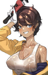 Rule 34 | 1girl, absolutemabbak, adjustable wrench, black eyes, blush, breasts, brown hair, character request, girls und panzer, gloves, highres, jumpsuit, large breasts, looking at viewer, off shoulder, simple background, smile, solo, sweat, tan, white background, white gloves, wrench, yellow jumpsuit