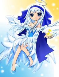 Rule 34 | 1girl, angel (fairy tail), bare shoulders, breasts, cleavage, coin, fairy tail, feathers, hairband, pixiv sample, resized, white hair