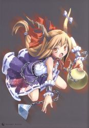 Rule 34 | 1girl, absurdres, belt, chain, fang, grey background, hair ornament, hair ribbon, highres, horn ornament, horn ribbon, horns, ibuki suika, long hair, looking at viewer, open mouth, orange hair, pop, ribbon, scan, shirt, simple background, skirt, skirt set, sleeveless, solo, touhou, vest, wrist cuffs