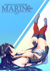 Rule 34 | 1girl, anchor symbol, black gloves, black hair, blue background, blush, breasts, breasts out, closed mouth, commentary, copyright name, fingerless gloves, full body, gloves, hair between breasts, headpiece, highres, kantai collection, legs up, lips, long hair, looking at viewer, lying, maki tatsuki, medium breasts, miniskirt, nagato (kancolle), nipples, on back, red eyes, red thighhighs, simple background, skirt, smile, solo, straight hair, thighhighs, thighs, two-tone background, white background, white skirt