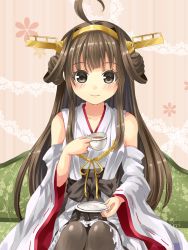 Rule 34 | 10s, 1girl, bad id, bad pixiv id, bare shoulders, black thighhighs, blush, brown eyes, brown hair, couch, cup, detached sleeves, double bun, frilled skirt, frills, green upholstery, hair bun, hair ornament, hairband, headgear, japanese clothes, kantai collection, kobanzame, kongou (kancolle), long hair, nontraditional miko, patterned upholstery, personification, ribbon-trimmed sleeves, ribbon trim, saucer, sitting, skirt, smile, solo, teacup, thighhighs