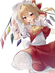 Rule 34 | 1girl, :d, ascot, blonde hair, bow, crystal, flandre scarlet, hair between eyes, hair bow, hat, highres, looking at viewer, mob cap, open mouth, petticoat, red bow, red eyes, red skirt, red vest, shirt, short sleeves, simple background, skirt, smile, solo, sorani (kaeru0768), touhou, vest, white background, white hat, white shirt, wings, wrist cuffs, yellow ascot