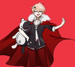 Rule 34 | 1boy, :d, bear hair ornament, black necktie, black pants, blonde hair, blue eyes, bow, cape, choker, collarbone, cowboy shot, danganronpa: trigger happy havoc, danganronpa (series), hugging doll, enoshima junko, fur-trimmed cape, fur trim, genderswap, genderswap (ftm), hair ornament, hairclip, hand up, highres, holding, jewelry, looking at viewer, male focus, monokuma, multicolored neckwear, necklace, necktie, no (xpxz7347), hugging object, open mouth, pants, red background, red bow, red cape, red pants, red theme, shirt, simple background, smile, solo, stuffed animal, stuffed toy, teddy bear, teeth, upper teeth only, white necktie