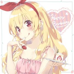 Rule 34 | 1girl, :q, aikatsu!, aikatsu! (series), bare shoulders, blonde hair, blush, brown eyes, cake, cake slice, camisole, closed mouth, collarbone, commentary request, cream, finger to mouth, food, food on hand, fruit, hair between eyes, hair ribbon, hairband, happy birthday, head tilt, heart, holding, holding food, holding plate, hoshimiya ichigo, kani biimu, long hair, pink camisole, plate, red hairband, red ribbon, ribbon, smile, solo, strawberry, strawberry shortcake, striped, tongue, tongue out, vertical stripes, very long hair