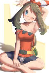 Rule 34 | 1girl, arm up, armpits, barefoot, bike shorts, bike shorts under shorts, blue eyes, blush, bow hairband, breasts, brown hair, cleavage, closed mouth, collarbone, commentary request, creatures (company), eyelashes, fanny pack, game freak, hairband, highres, long hair, may (pokemon), nintendo, one eye closed, orange hairband, orange shirt, pokemon, pokemon oras, shiny skin, shirt, short shorts, shorts, sitting, sleeveless, sleeveless shirt, smile, solo, strap slip, toes, uhyoko, white shorts, yellow bag
