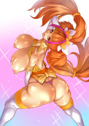 Rule 34 | 1girl, :p, amanogawa kirara, ass, bare shoulders, blush, breasts, brown hair, choker, cure twinkle, elbow gloves, gloves, go!, go! princess precure, gradient background, head tilt, highres, huge ass, huge breasts, lactation, long hair, matching hair/eyes, multicolored hair, nipples, open mouth, orange eyes, orange hair, panties, pokkora, precure, princess, purple panties, smile, solo, sparkle, thighhighs, thong, tongue, tongue out, twintails, two-tone hair, underwear, white gloves, white thighhighs