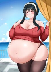 Rule 34 | 1girl, absurdres, artist name, bayoshii, big belly, black hair, black thighhighs, blush, breasts, cleavage, closed mouth, collarbone, cowboy shot, curvy, earrings, hair bun, hairband, highres, huge breasts, jewelry, long hair, looking at viewer, midriff, navel, ocean, off-shoulder sweater, off shoulder, outdoors, outie navel, panties, panty peek, pregnant, red eyes, red sweater, sidelocks, signature, sky, smile, solo, spy x family, standing, sweater, thick thighs, thighhighs, thighs, underwear, wide hips, yor briar