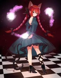 Rule 34 | 1girl, absurdres, animal ears, backless outfit, blush, braid, cat ears, cat tail, checkered floor, dress, full body, green dress, high heels, highres, hitodama, juliet sleeves, kaenbyou rin, leg ribbon, light particles, long hair, long sleeves, multiple tails, nekomata, puffy sleeves, red eyes, red hair, ribbon, sh1 (shanghaidoll), smile, solo, standing, tail, touhou, twin braids, twintails, two tails, very long hair