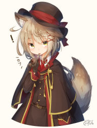 Rule 34 | animal ear fluff, animal ears, belt, black cape, black coat, black skirt, cape, capelet, coat, commentary request, coreytaiyo, dated, globes, hat, highres, light brown hair, long hair, long sleeves, looking at viewer, mary swan (coreytaiyo), mouth hold, original, signature, simple background, skirt, smoke, smoking, smoking pipe, solo, tail, translation request, vest, yellow eyes