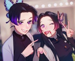 Rule 34 | 2girls, :p, black jacket, blood, blood from mouth, butterfly hair ornament, commentary, english commentary, fingernails, gradient hair, hair ornament, hand up, haori, highres, jacket, japanese clothes, kimetsu no yaiba, kochou kanae, kochou shinobu, lavelis, long hair, long sleeves, multicolored hair, multiple girls, nail polish, one eye closed, pink nails, pointing, pointing at another, purple eyes, purple hair, selfie, selfie stick, short hair, siblings, sisters, smile, tongue, tongue out, v