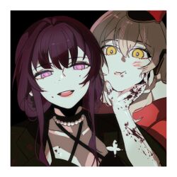 Rule 34 | 2girls, black background, black jacket, blood, blood on face, blood on hands, closed mouth, commentary, d0600059994959, grey hair, hand on another&#039;s chin, hashtag-only commentary, highres, honkai: star rail, honkai (series), jacket, jewelry, kafka (honkai: star rail), lipstick mark, long hair, multiple girls, necklace, parted lips, pink eyes, purple hair, simple background, smile, stelle (honkai: star rail), trailblazer (honkai: star rail), upper body, yellow eyes, yuri