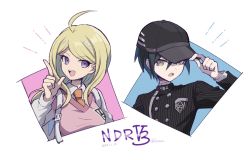 Rule 34 | 1boy, 1girl, :d, ahoge, akamatsu kaede, artist name, bad id, bad twitter id, black hair, black headwear, black jacket, blonde hair, breast pocket, breasts, commentary request, copyright name, danganronpa (series), danganronpa v3: killing harmony, dated, fortissimo, hair ornament, haizai, hand up, hat, highres, index finger raised, jacket, long hair, long sleeves, looking at viewer, musical note, musical note hair ornament, open mouth, orange neckwear, pocket, saihara shuichi, short hair, smile, striped clothes, striped jacket, white background