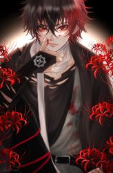 Rule 34 | 1boy, absurdres, black hair, blood, blood on clothes, blood on face, closed mouth, fingerless gloves, flower, gloves, higanbana, highres, hizen tadahiro, long sleeves, looking at viewer, male focus, multicolored hair, red eyes, red hair, short hair, solo, spider lily, touken ranbu, zasikirou